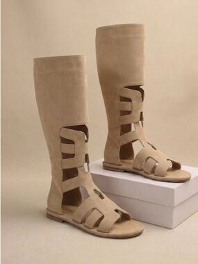 Women's Beige Over-the-Knee Cutout Suede Boots